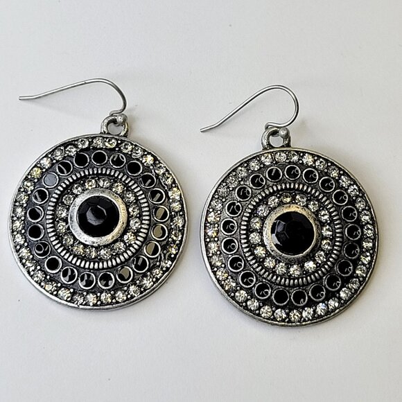 Silver and Black Oxidised Circular Drop Earrings - Picture 3 of 9